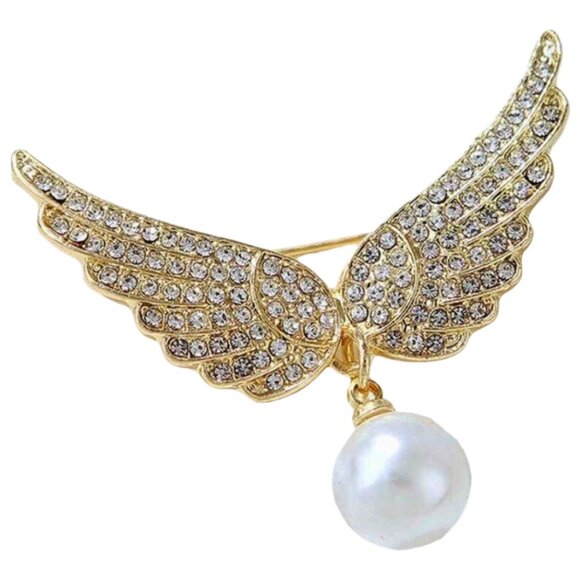 🧷🪽Vintage-Inspired Rhinestone Wings Brooch with Faux Pearl - Gold-Tone Metal - Picture 1 of 4
